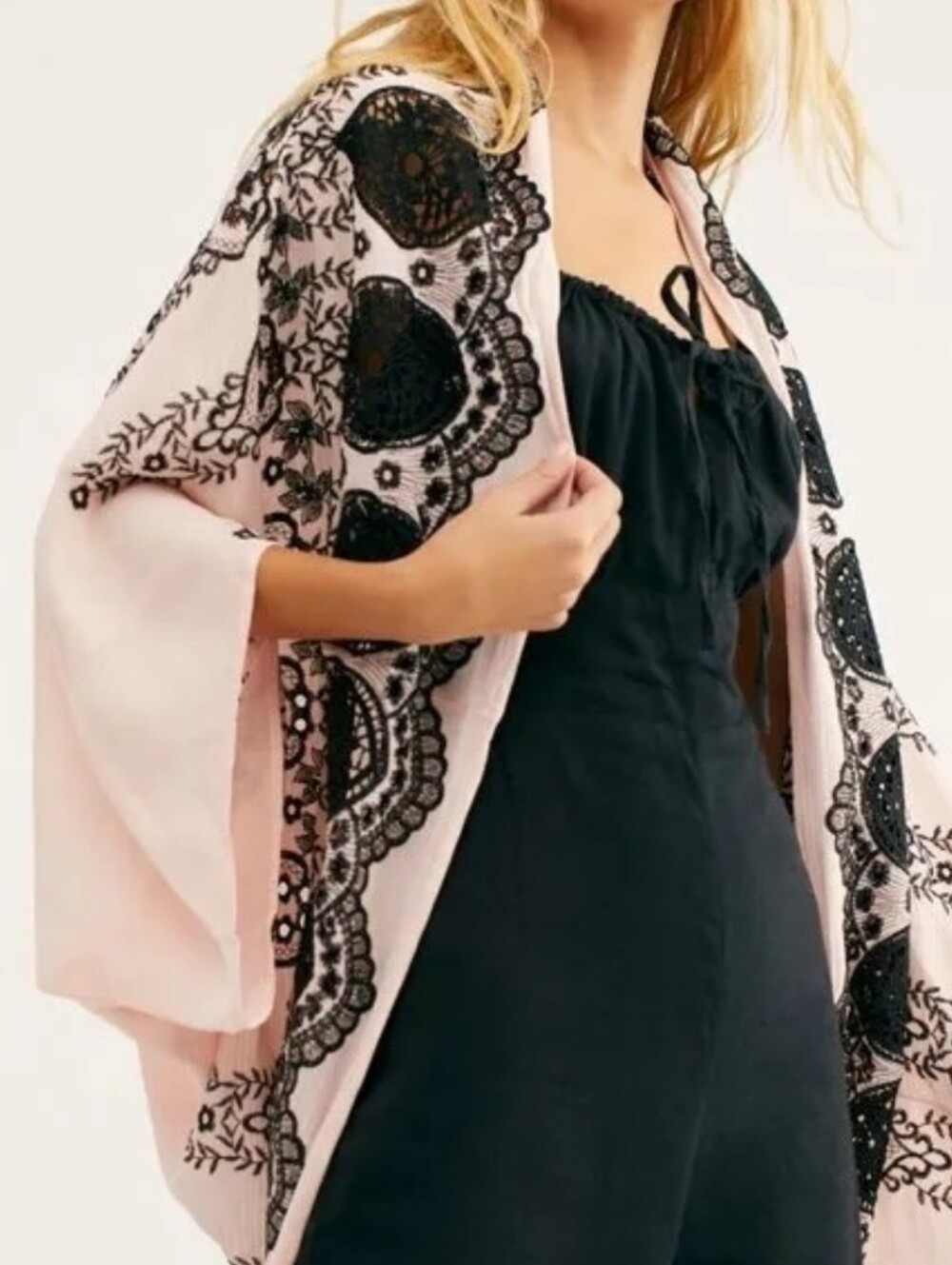 Free People Catania embroidered kimono topper Pink Black